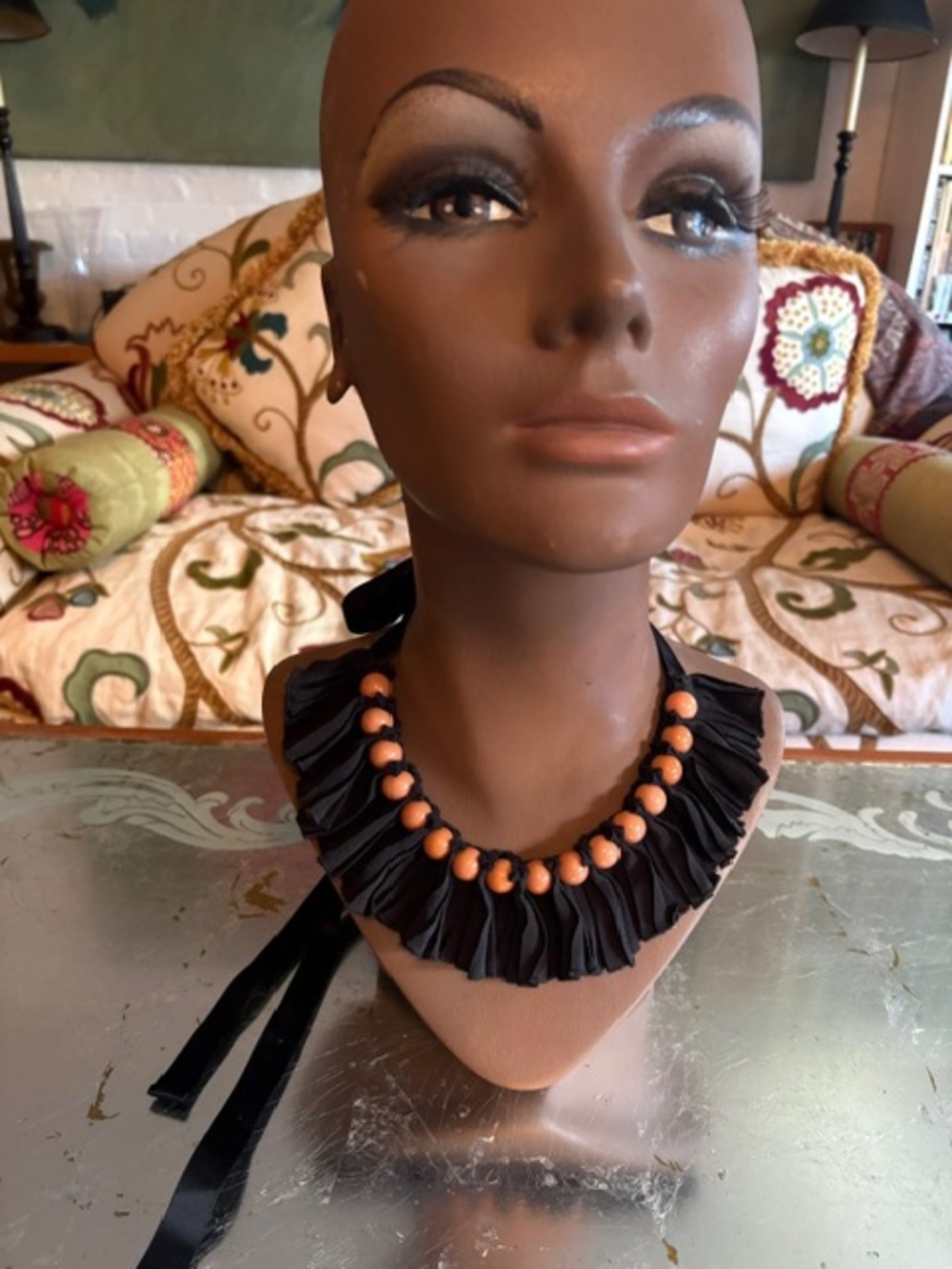 Marni Black Ruffle Collar Necklace with Wood Bead Accents